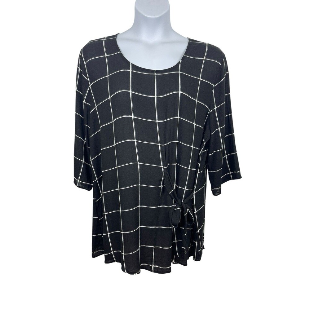 J Mode Black Plaid Light Weight Semi Sheet Rayon 3/4 Sleeve Side Tie Top 3X